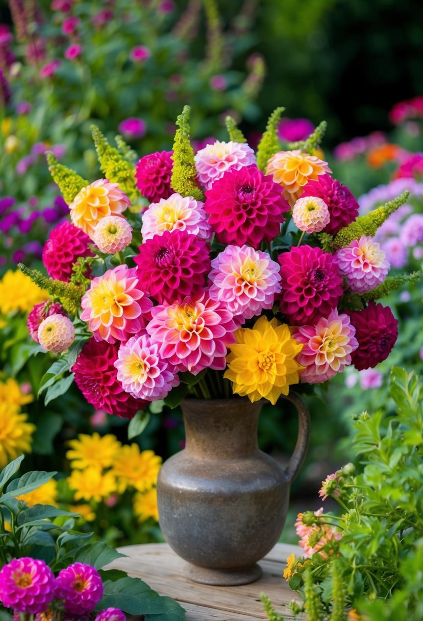 A vibrant bouquet of mixed dahlia flowers arranged in a rustic vase, surrounded by lush greenery and colorful blooms in a garden setting