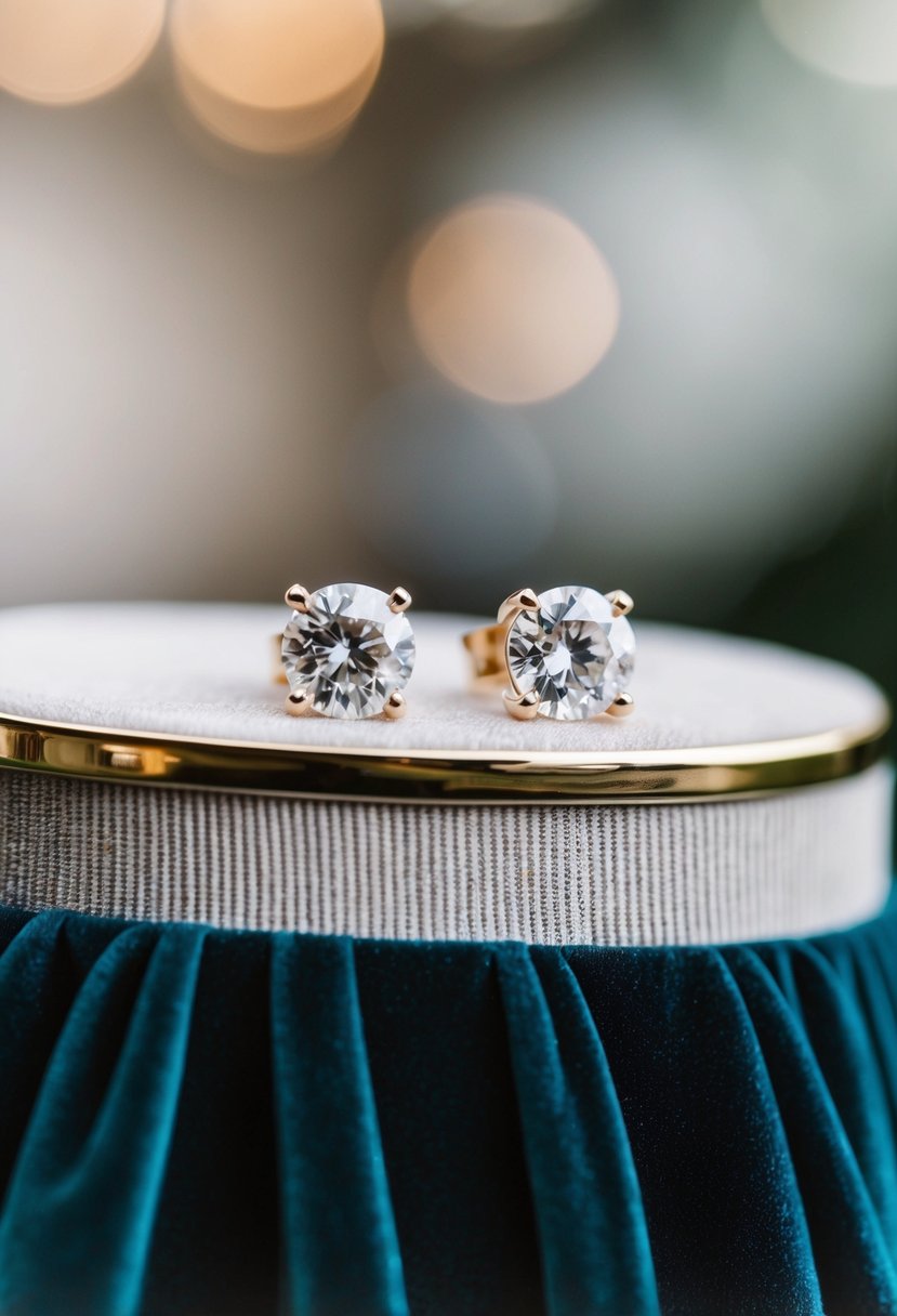 A pair of classic diamond studs rests on a velvet off-the-shoulder dress, evoking ideas for wedding earrings