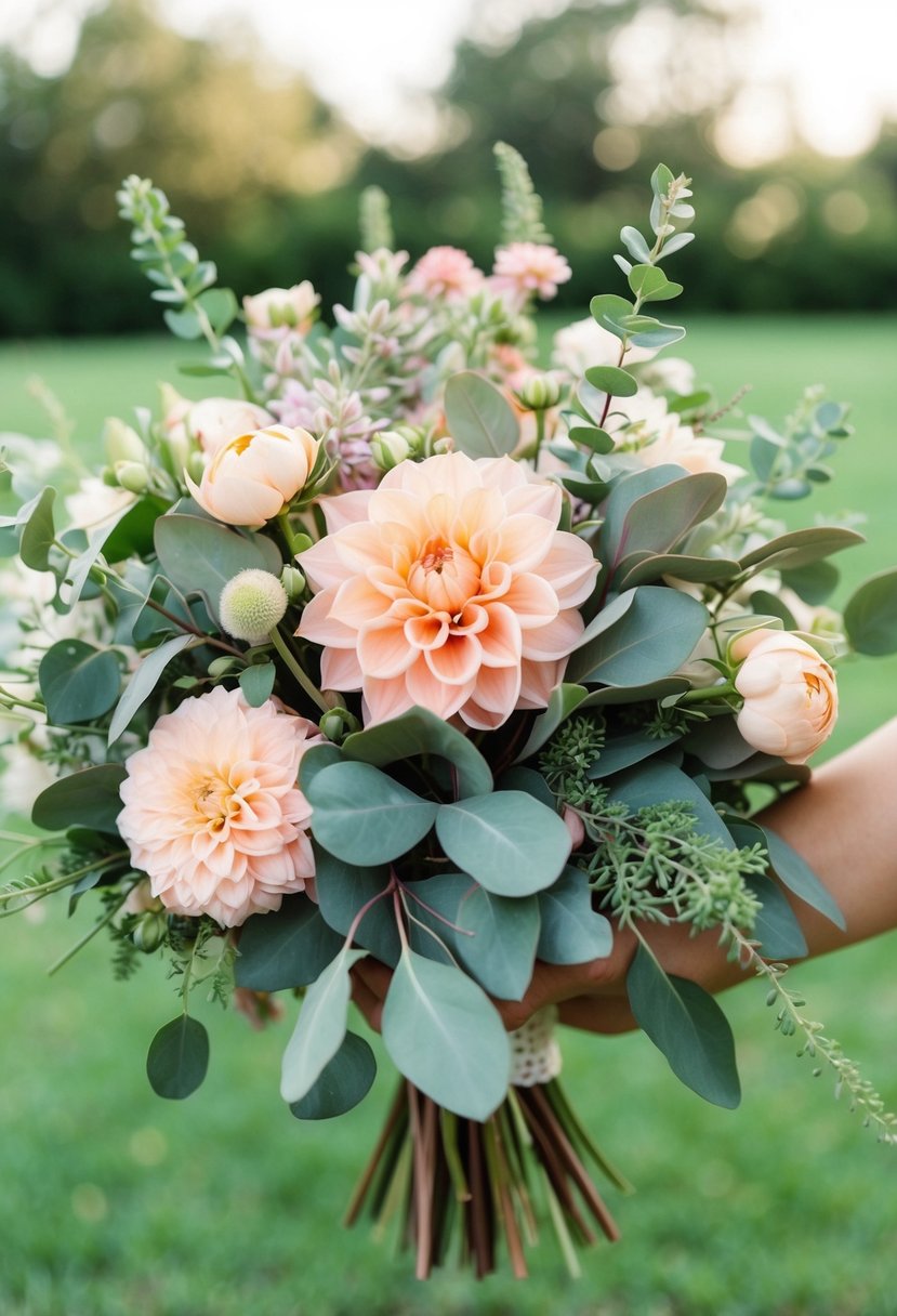 A lush bouquet of peachy pink eucalyptus and dahlia, with delicate greenery and soft, romantic blooms