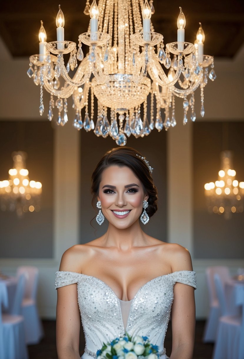 A sparkling chandelier hangs above an elegant off-the-shoulder dress adorned with cubic zirconia earrings, perfect for a wedding