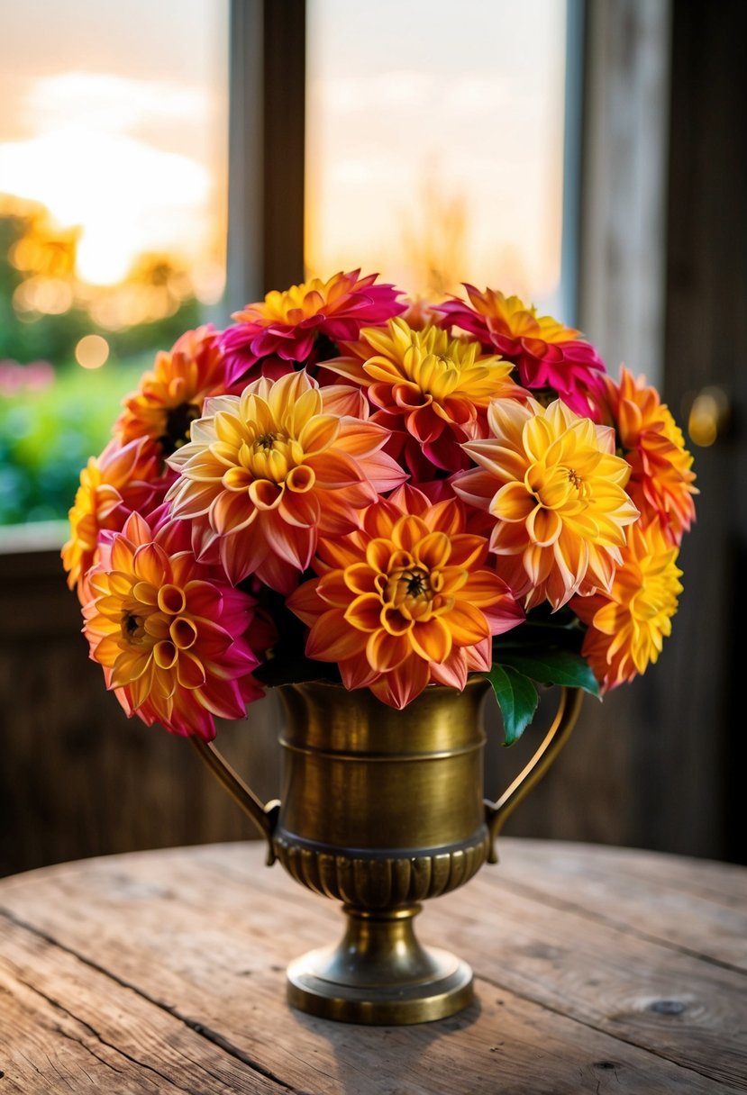 A dahlia wedding bouquet in warm sunset colors, nestled in a vintage brass vase on a rustic wooden table