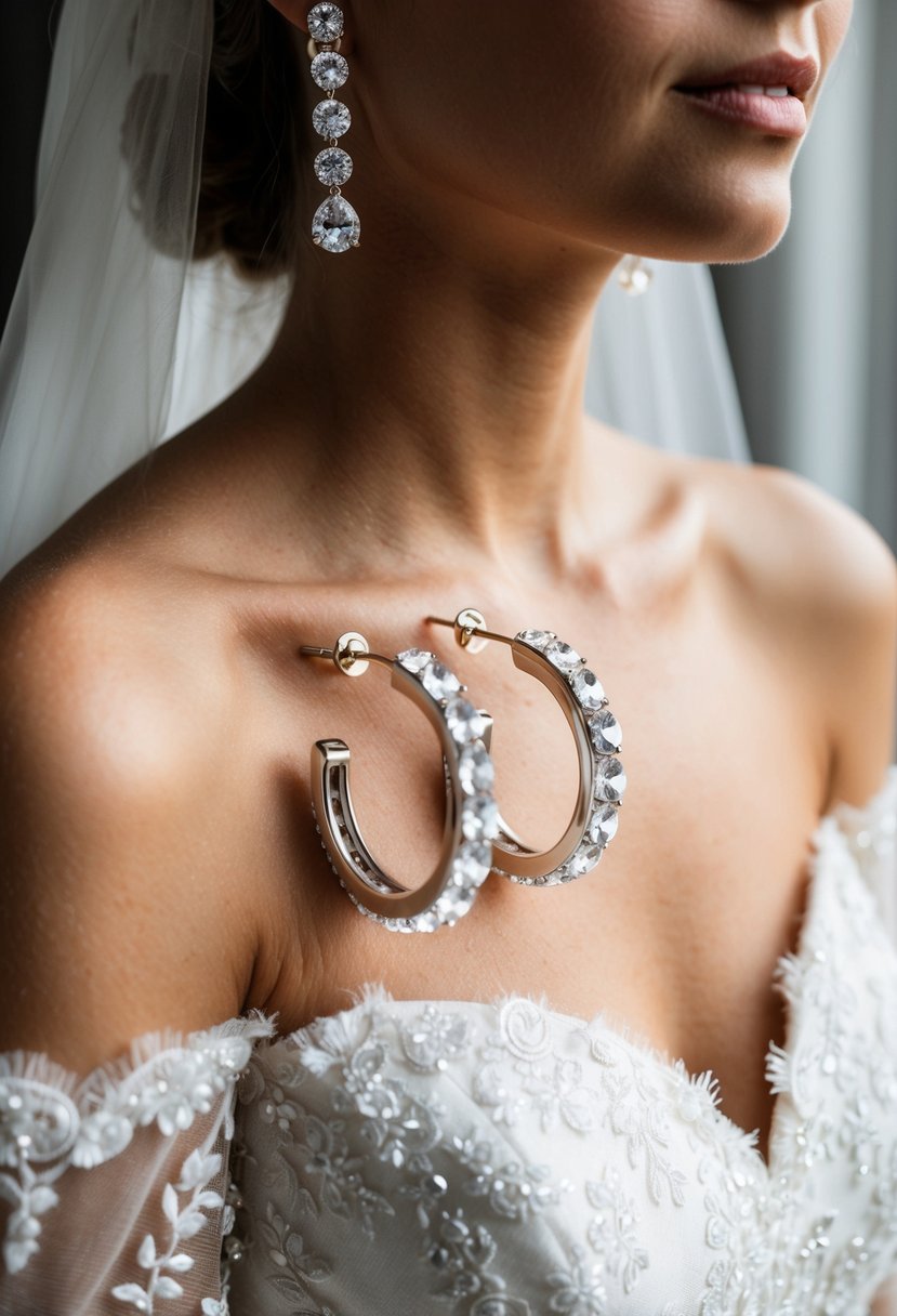 A pair of Swarovski crystal hoops dangle from a delicate off-the-shoulder wedding dress, catching the light and adding a touch of elegance to the bridal ensemble