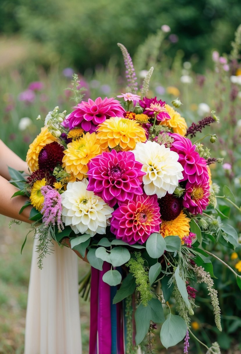 A colorful dahlia wedding bouquet arranged in a rustic, bohemian style with flowing greenery and wildflowers