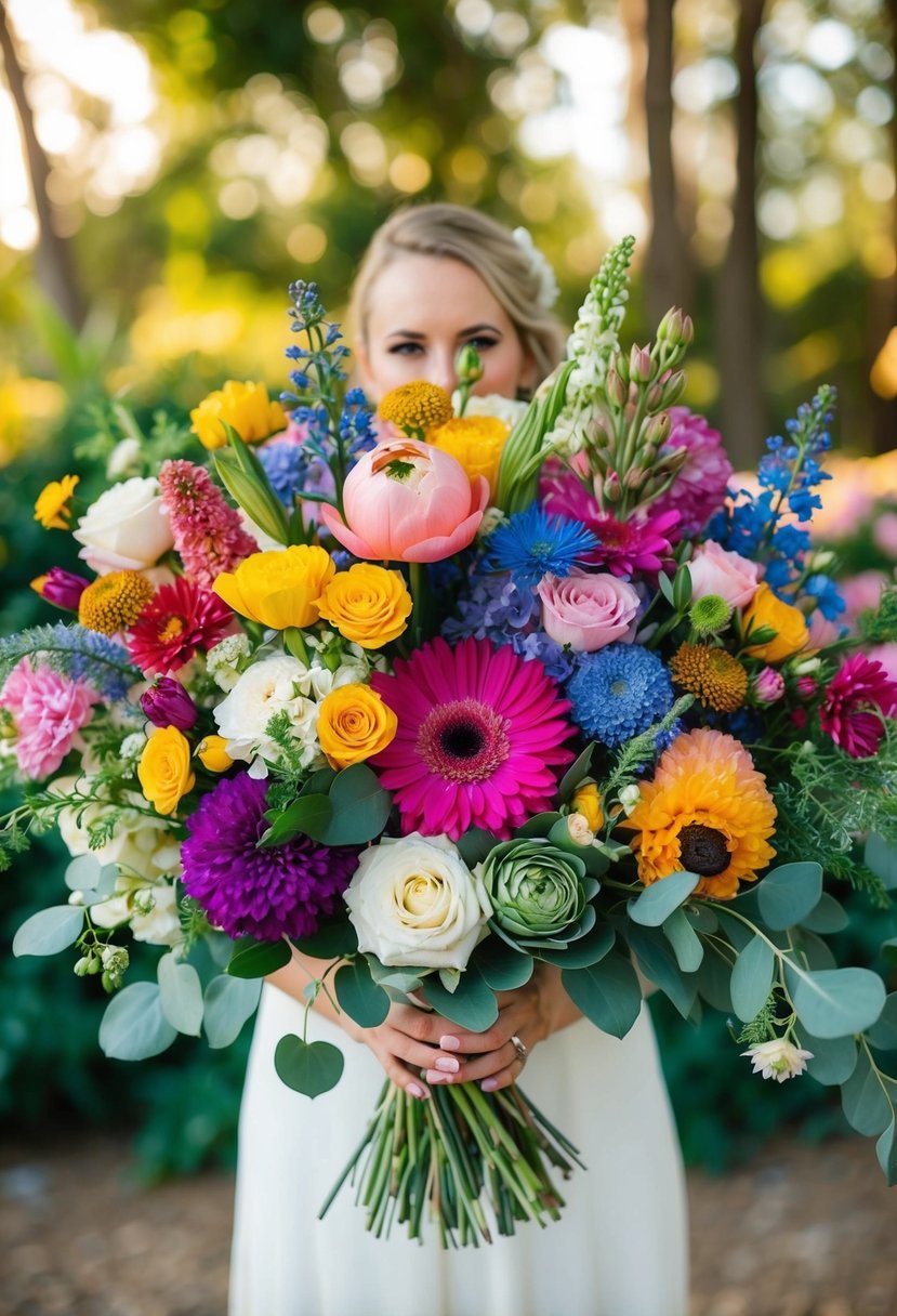 A vibrant array of flowers in various hues and sizes arranged in a beautiful wedding bouquet