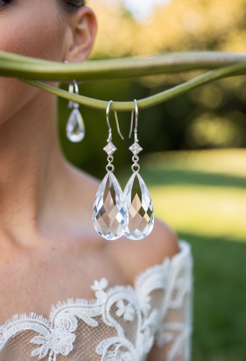 Teardrop earrings hang from a delicate off-the-shoulder wedding dress