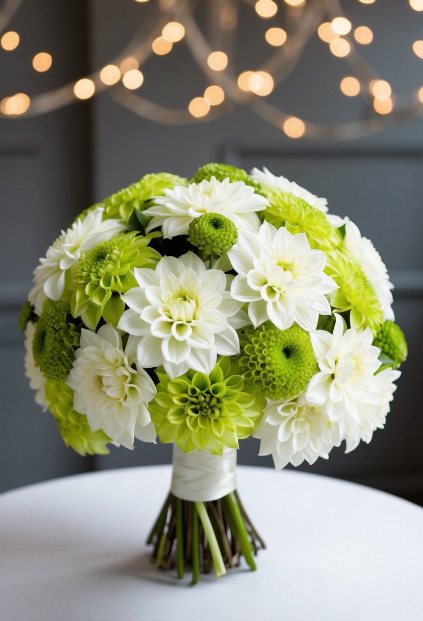 A white and green dahlia wedding bouquet arranged in a classic, elegant style