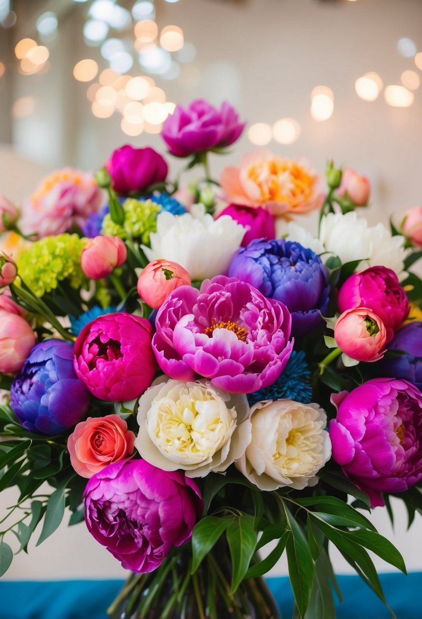 A vibrant bouquet of peonies and roses arranged in a variety of colors, creating a stunning and lively wedding centerpiece