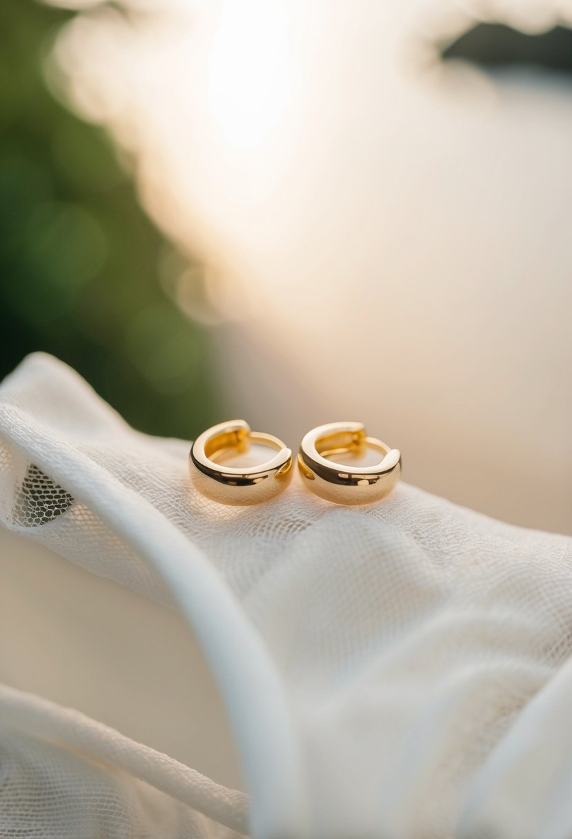 A pair of simple gold huggie earrings resting on a delicate off-the-shoulder wedding dress