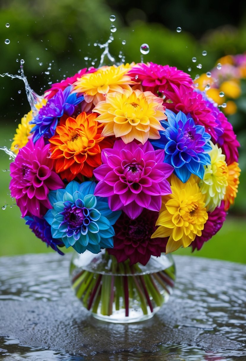 A vibrant dahlia bouquet with a fusion of rainbow colors, splashed with water droplets