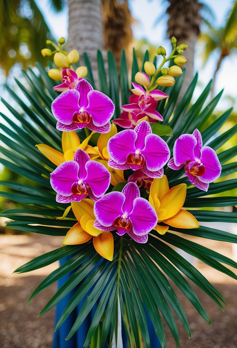 A vibrant mix of tropical orchids and palm leaves arranged in a colourful wedding bouquet