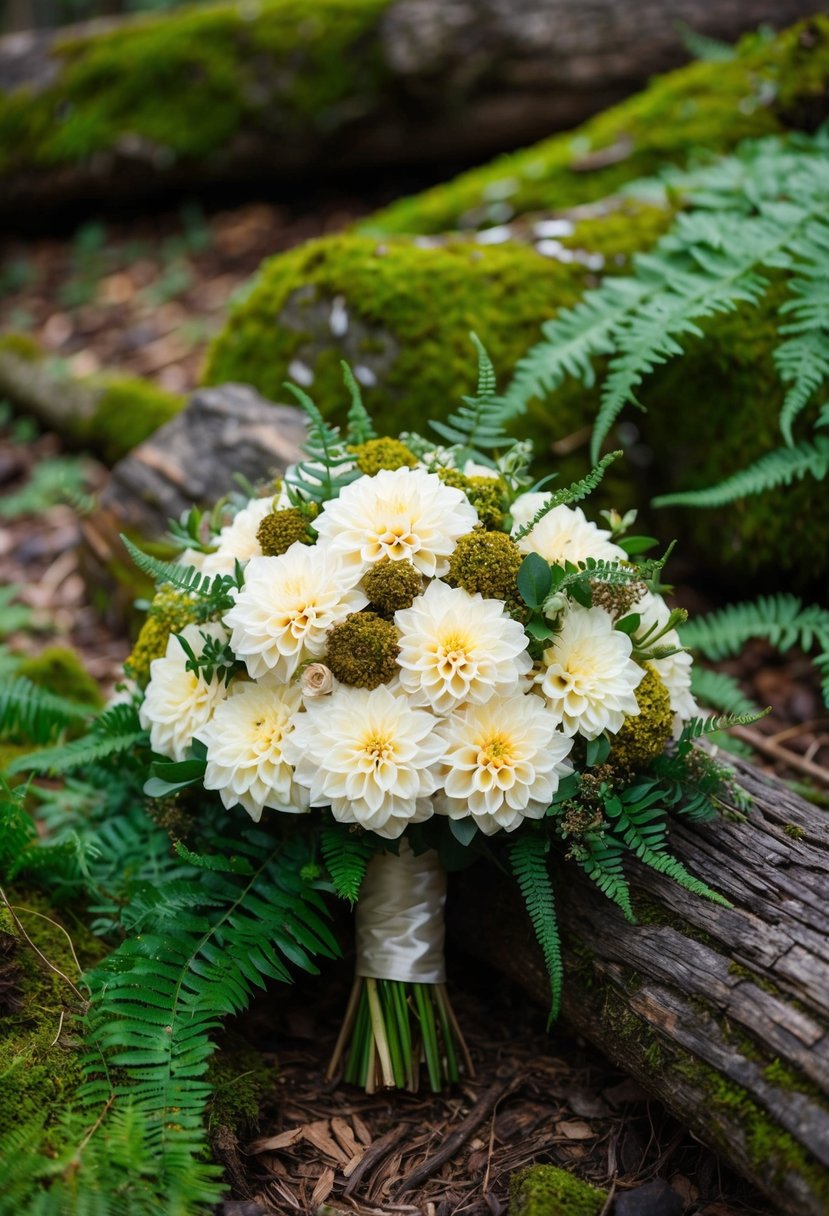 A rustic woodland charm dahlia wedding bouquet nestled among mossy logs and ferns