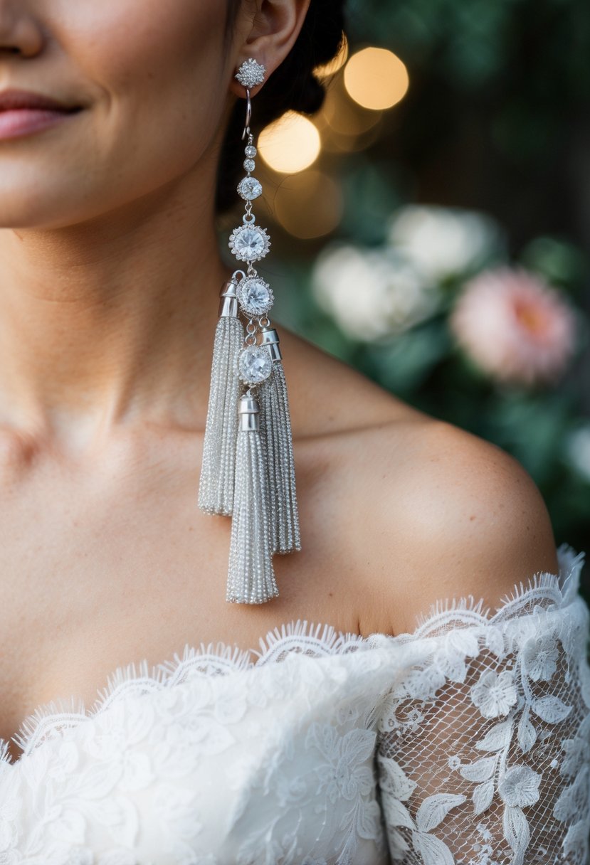 Silver tassel earrings dangle from a delicate off-the-shoulder wedding dress, creating a glamorous and elegant bridal look