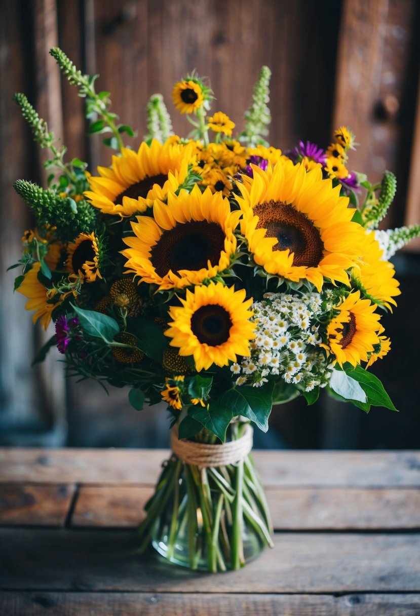 A vibrant bouquet with sunflowers and wildflowers in a rustic setting