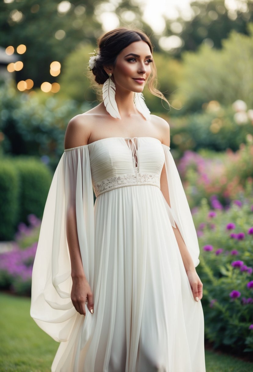 A bride wearing a flowy off-the-shoulder dress adorned with bohemian feather earrings, standing in a whimsical garden setting