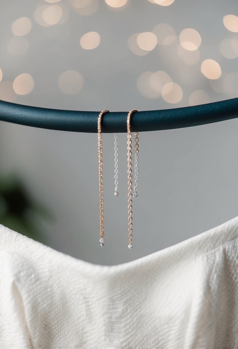 A pair of delicate chain threader earrings dangle against the backdrop of an off-the-shoulder wedding dress, evoking a minimalist and elegant aesthetic