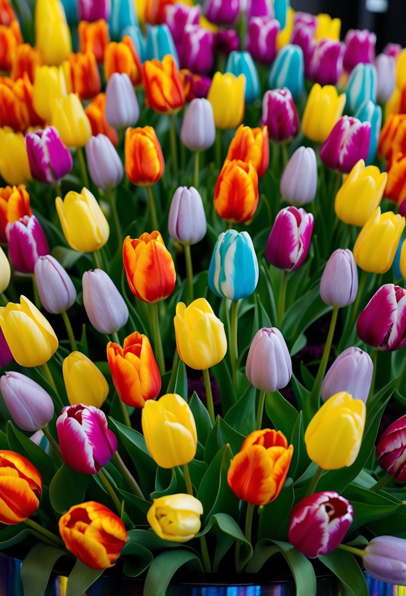 A vibrant bouquet of rainbow tulips arranged in a cascading display, with a mix of bright and pastel colors