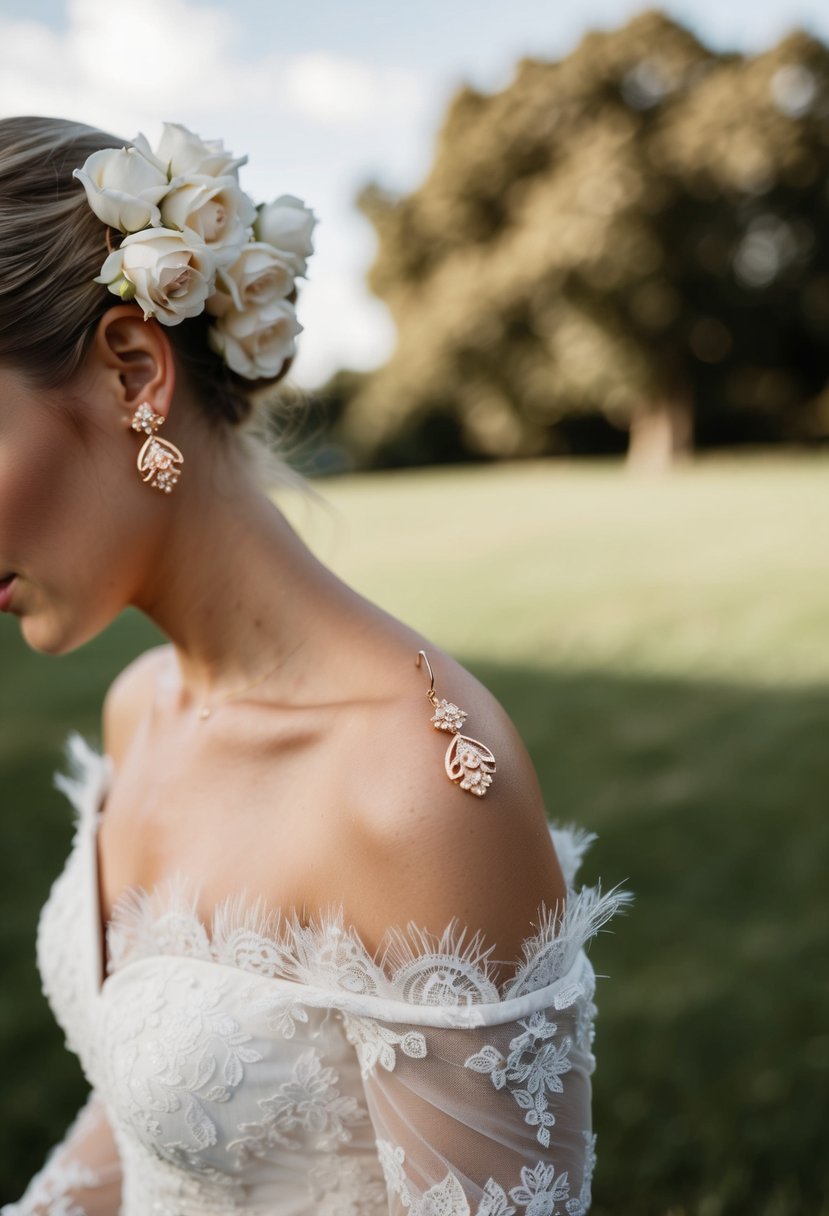 A pair of rose gold earrings dangle from a delicate off-the-shoulder dress, creating an elegant and romantic wedding look