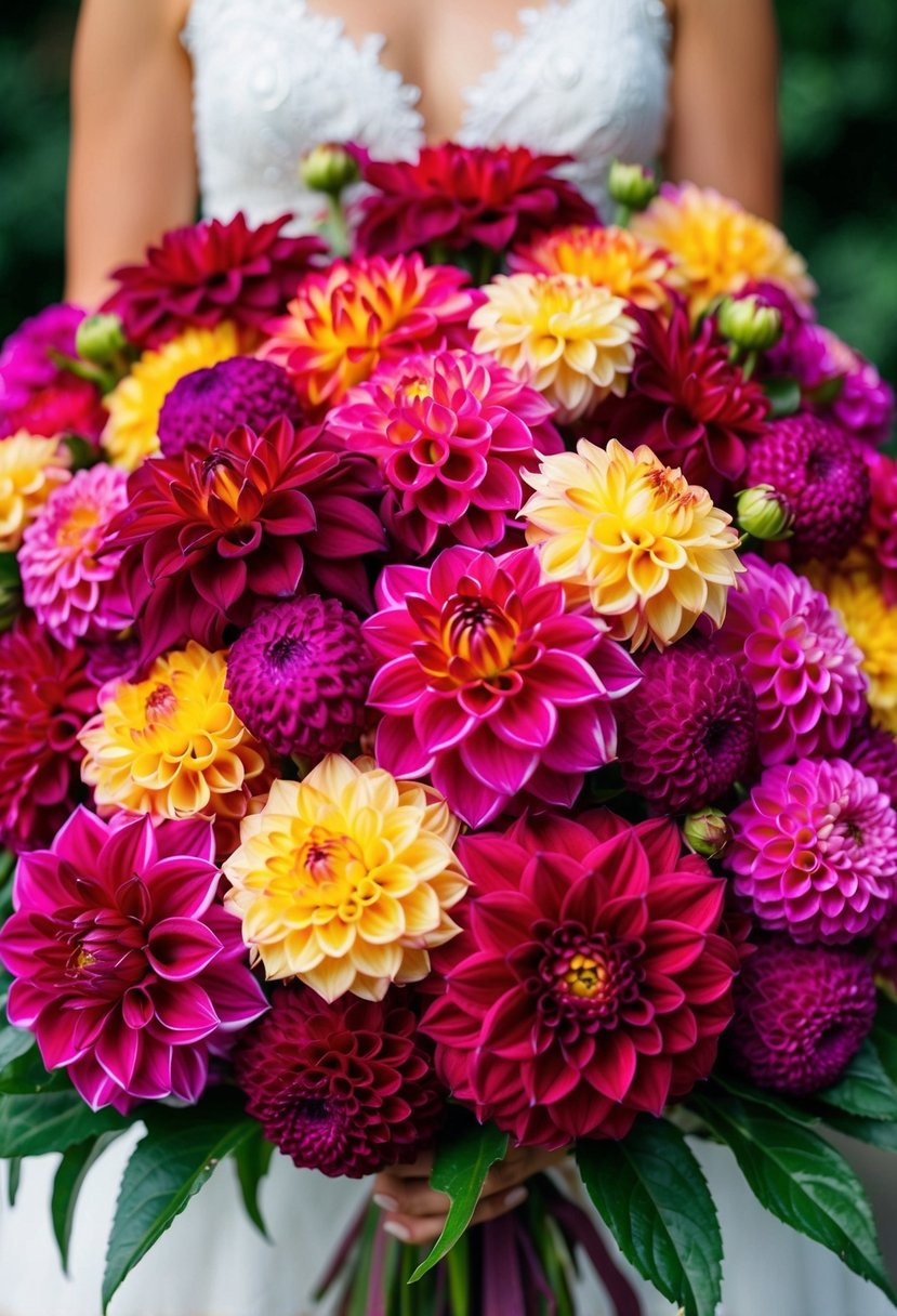 A vibrant array of jewel-toned dahlias in a wedding bouquet, bursting with rich colors and textures