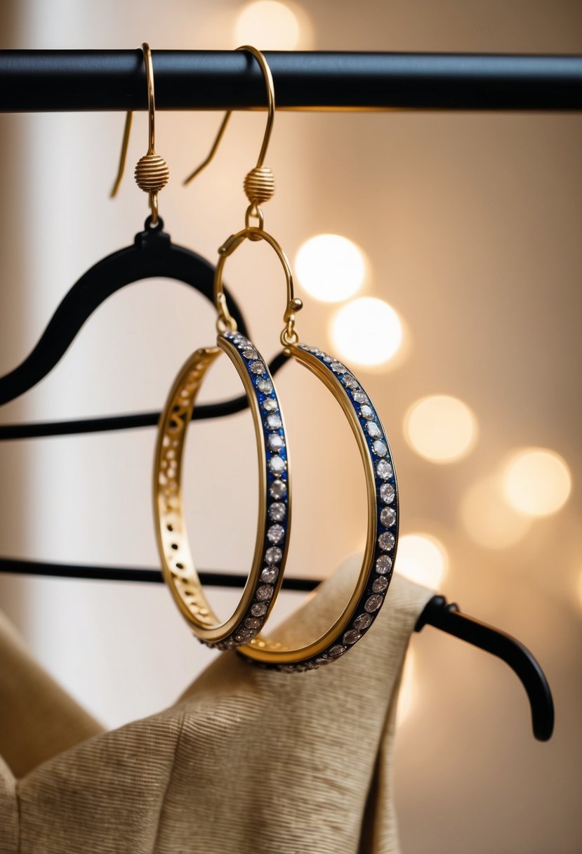 A vintage-inspired hoop earrings dangling from a dress on a hanger