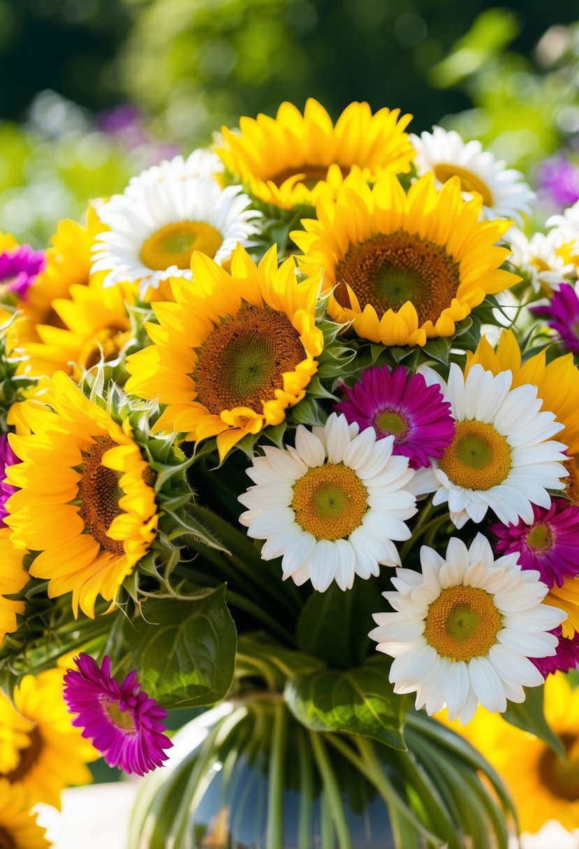 A vibrant bouquet of sunflowers and daisies, bursting with color and cheer under the bright sunlight