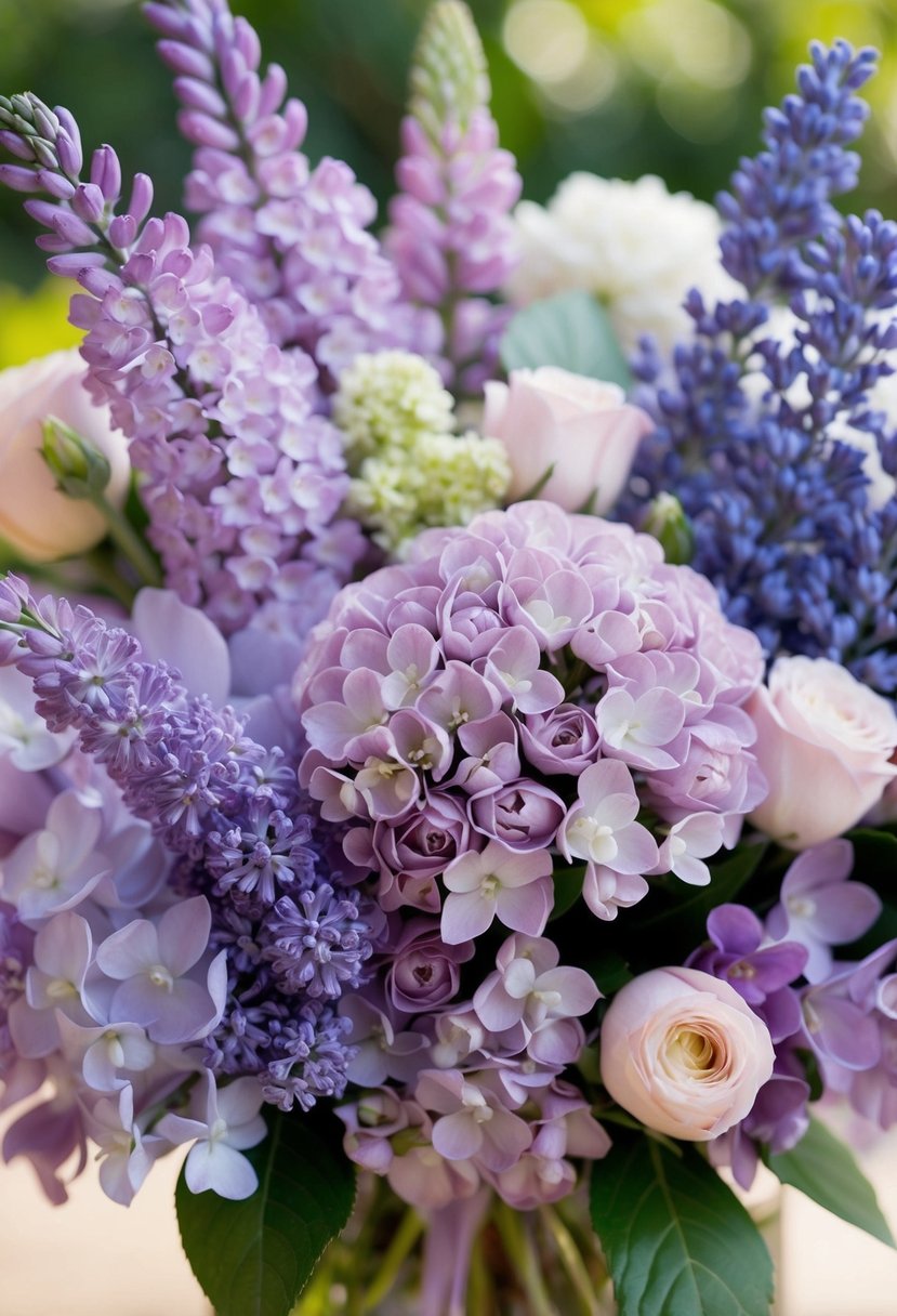 A bouquet of pastel lilac and lavender flowers arranged in a mix of soft, delicate colors