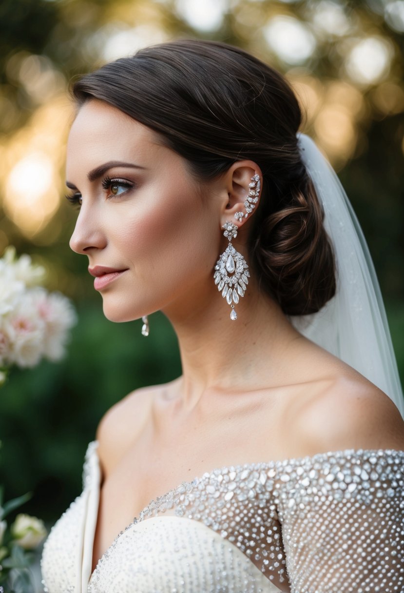 A rhinestone ear cuff dangles from an off-the-shoulder wedding dress, paired with elegant earrings