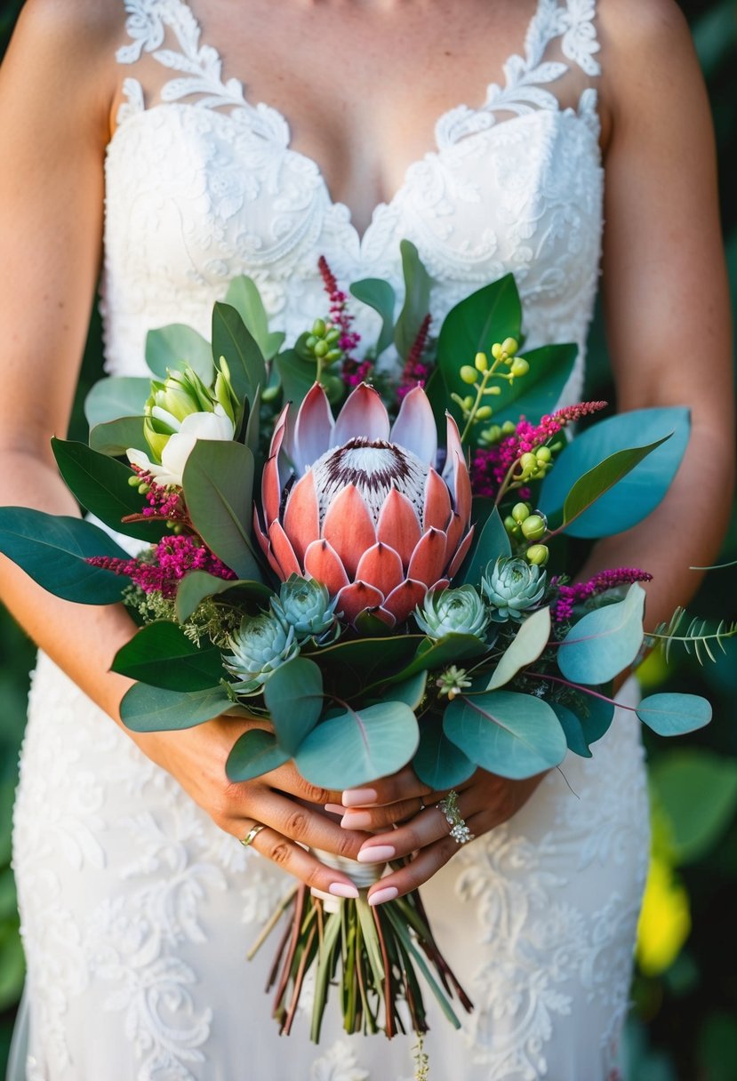 A vibrant wedding bouquet featuring bold protea and eucalyptus, with rich colors and varied textures