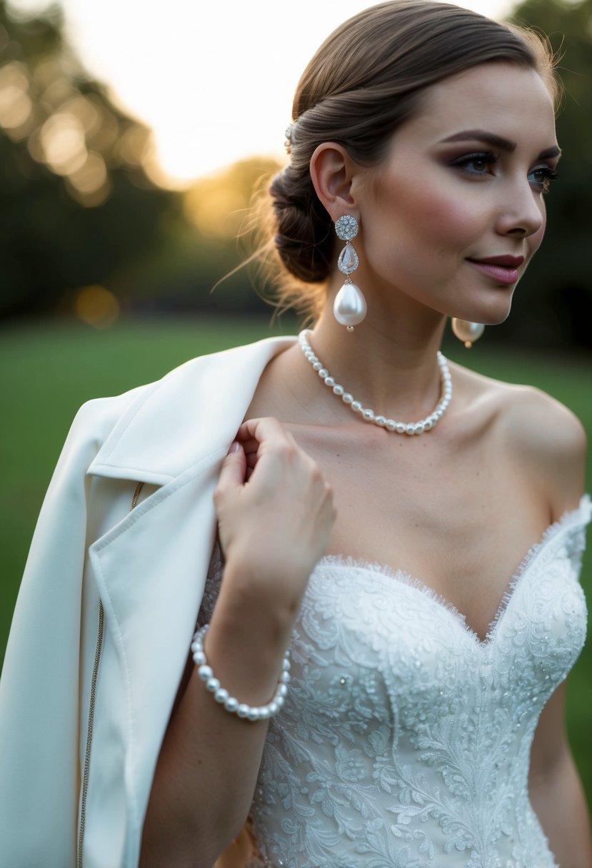 A delicate off-the-shoulder wedding dress with freshwater pearl earrings and jacket