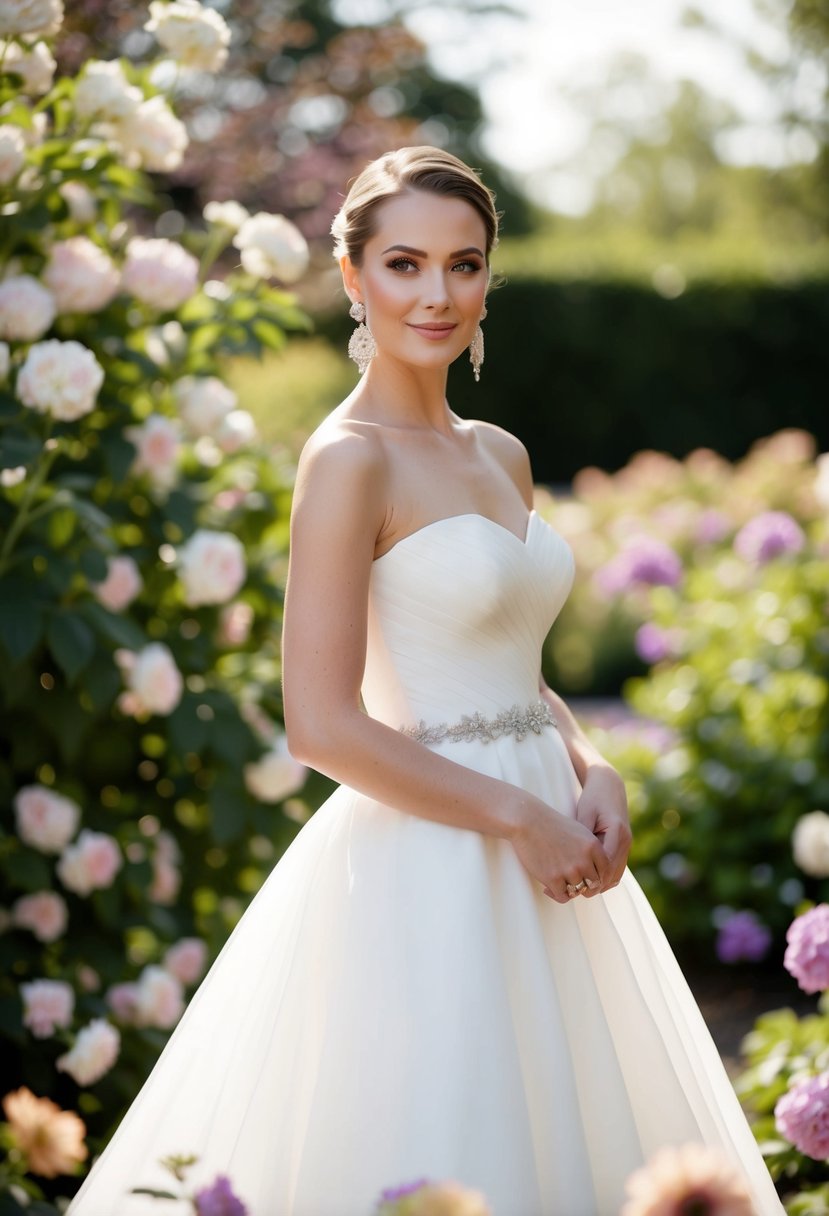 A bride in a strapless dress, wearing elegant wedding earrings, stands in a garden surrounded by blooming flowers