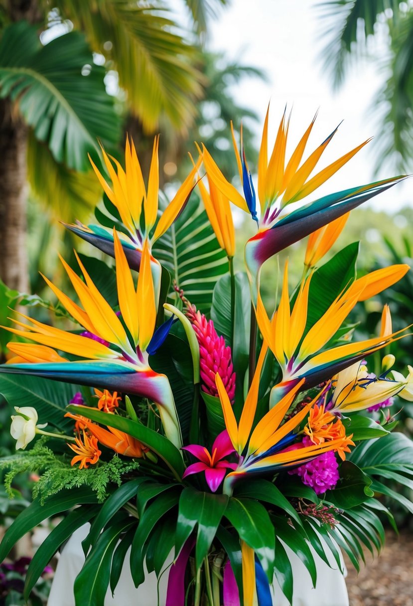 A vibrant bouquet of exotic bird-of-paradise flowers, surrounded by tropical foliage and other colorful blooms, creating a stunning and unique wedding bouquet idea