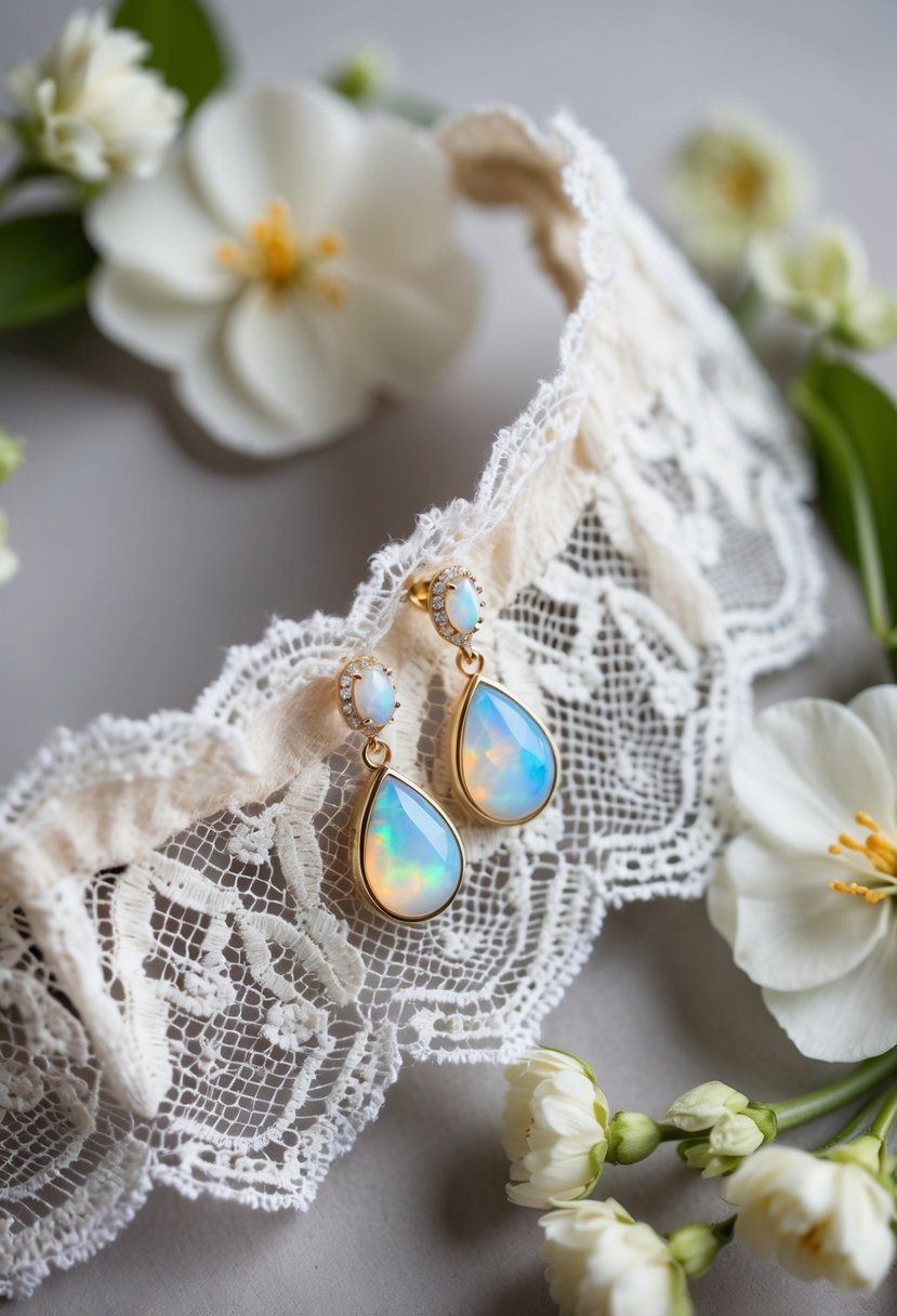 Opal drop earrings rest on a lace off-the-shoulder wedding dress, surrounded by delicate floral accents