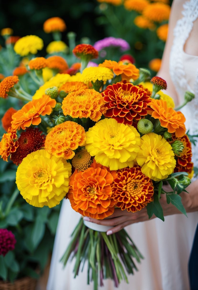 A vibrant wedding bouquet with marigolds and zinnias in various shades of yellow, orange, and red, arranged in a loose and cheerful manner