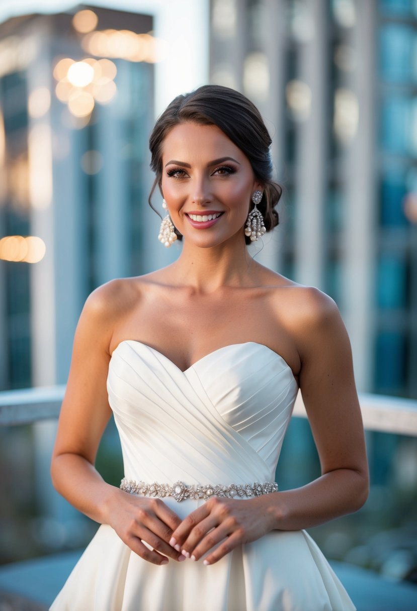 A bride wearing a strapless dress with dazzling pearl drop earrings