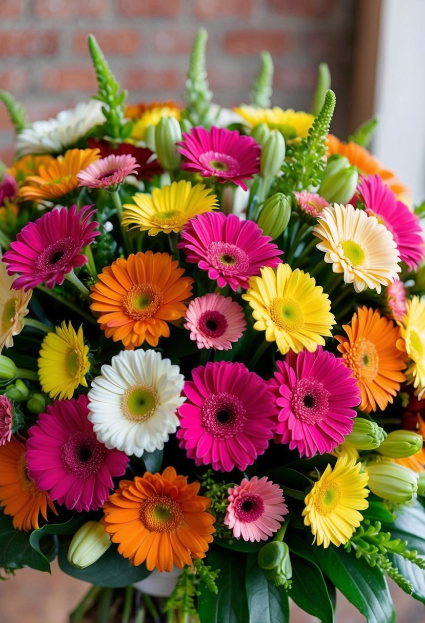 A vibrant array of gerbera daisies in various hues, arranged in a lush and overflowing wedding bouquet