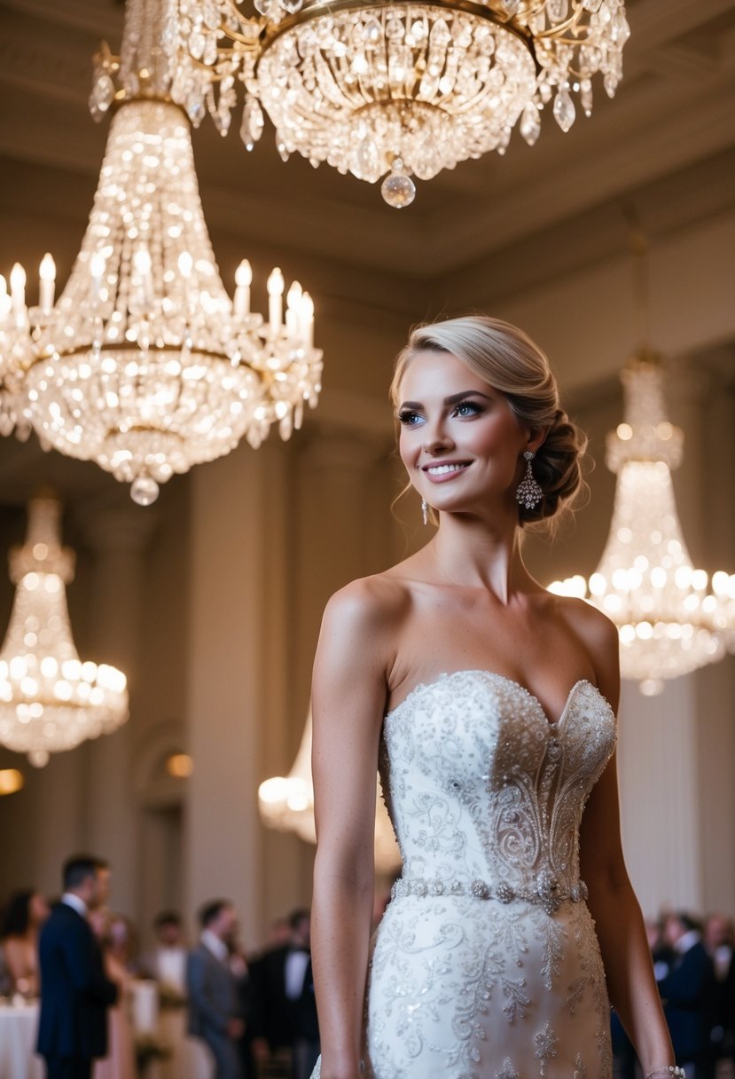 A grand ballroom with sparkling crystal chandeliers illuminating a strapless wedding dress and elegant earrings