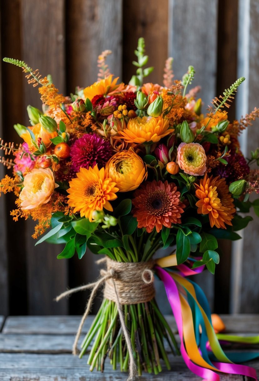 A rustic bouquet of vibrant autumnal flowers in warm hues, tied with twine and adorned with colorful ribbons