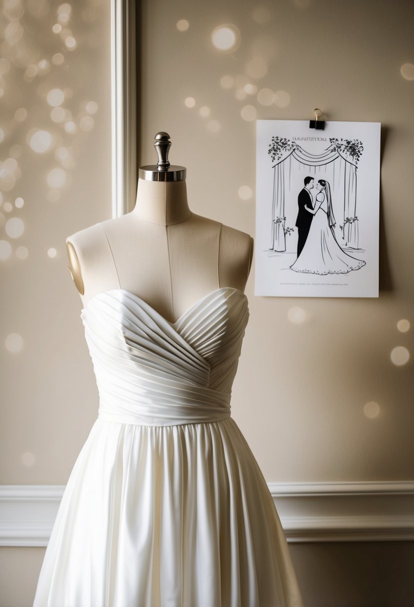 A strapless dress hangs on a mannequin, adorned with bold statement hoop earrings. A sketch of a wedding scene is pinned on the wall for inspiration