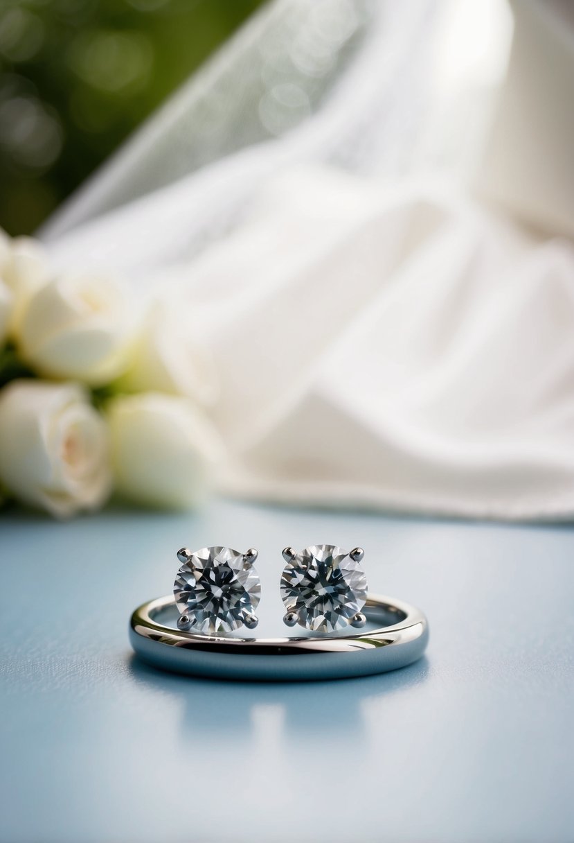 A pair of elegant diamond studs placed next to a strapless dress, with a wedding veil in the background