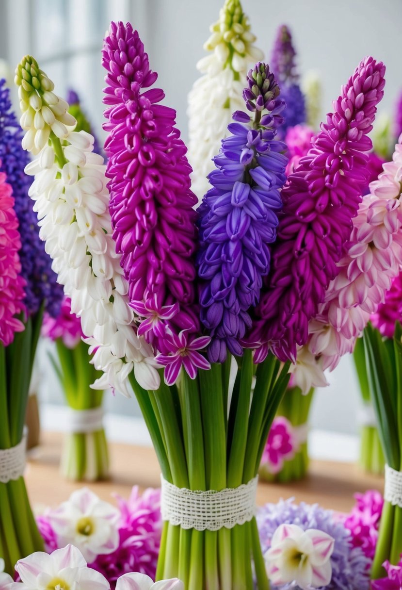 A vibrant bunch of hyacinths in various shades of pink, purple, and white, arranged in a delicate wedding bouquet