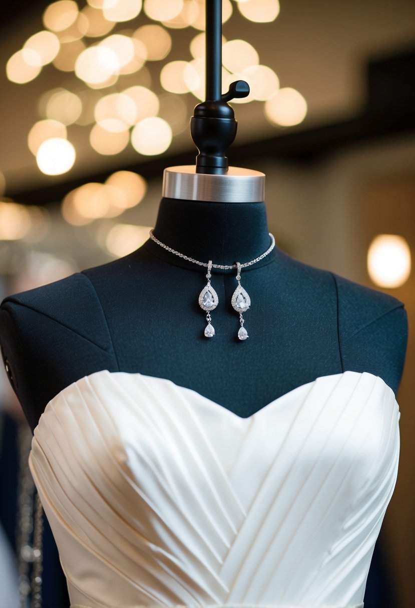 A strapless wedding dress with delicate dangle earrings hanging from a jewelry stand