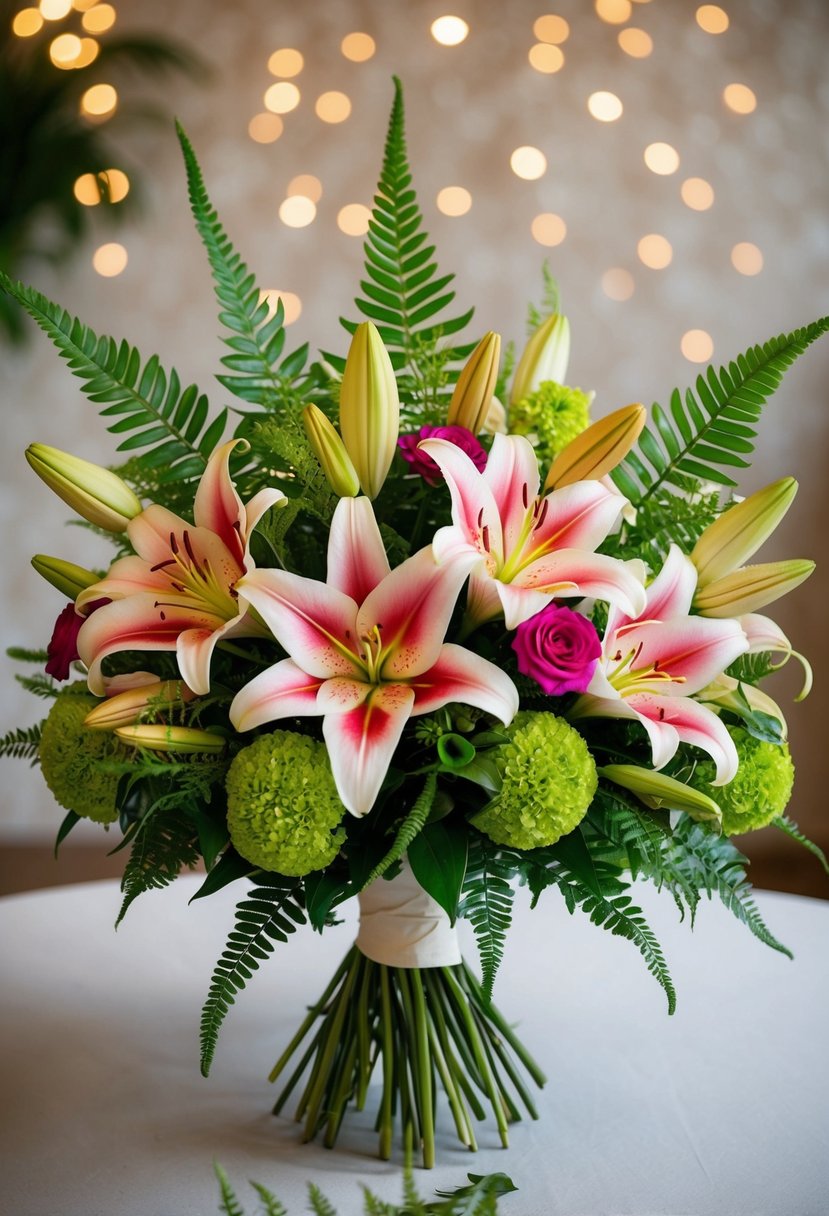 A vibrant wedding bouquet featuring colorful lilies and ferns, arranged in a lush and elegant design