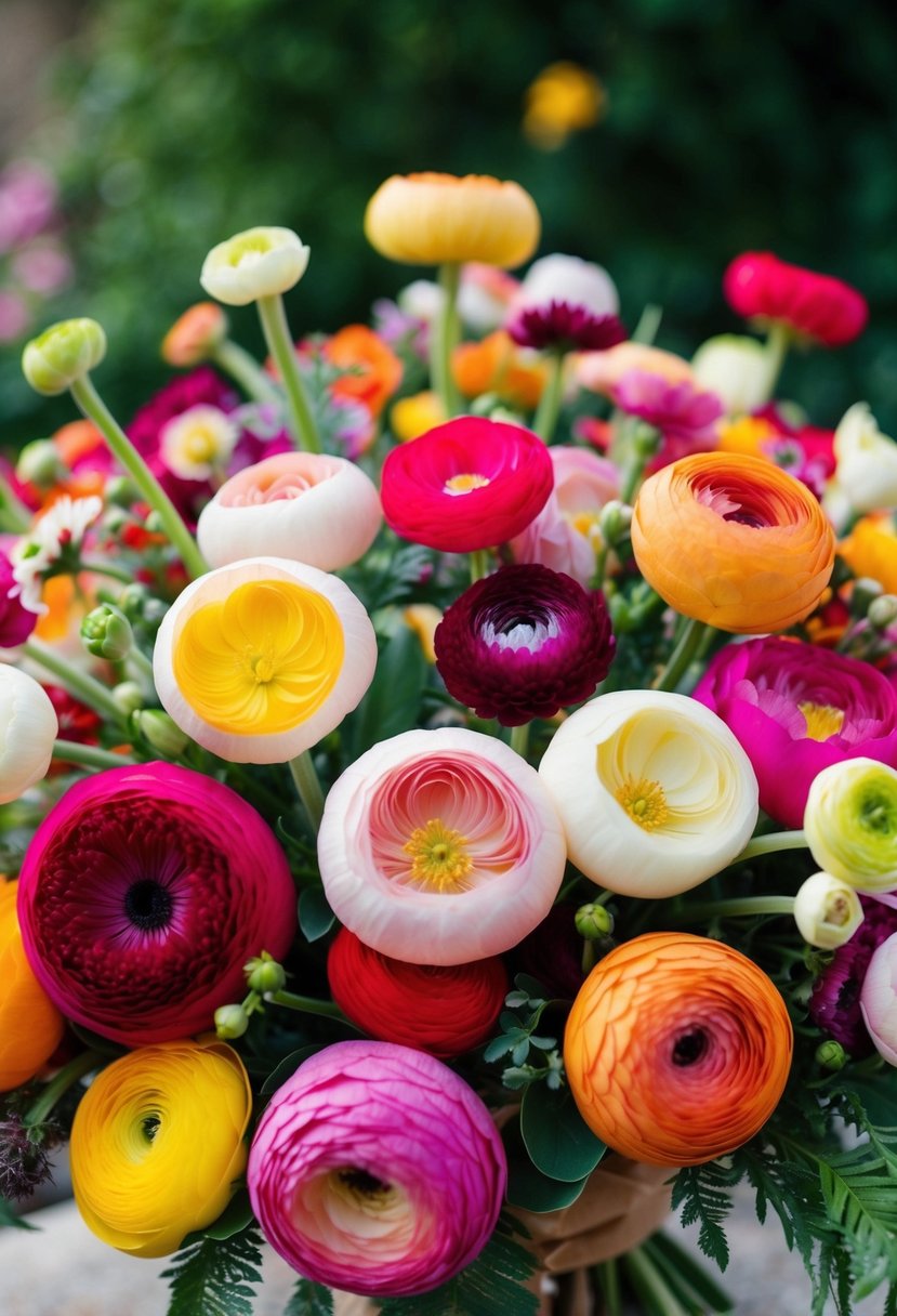 A vibrant mix of ranunculus flowers in various colors and sizes arranged in a playful and lively wedding bouquet