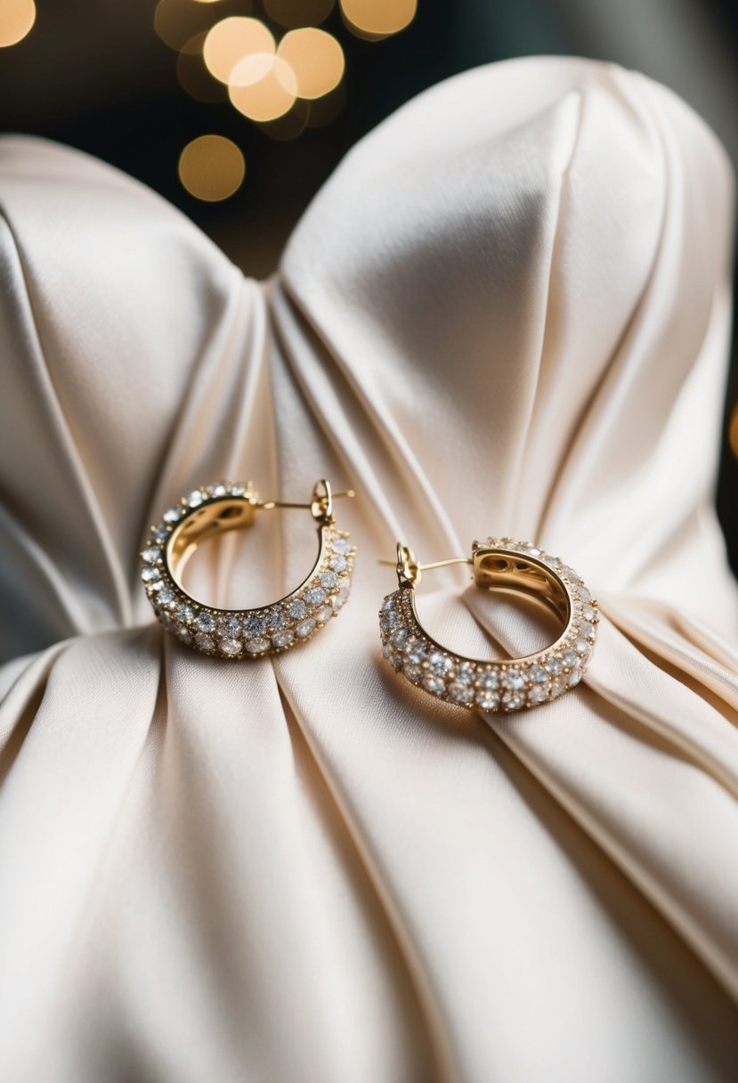 A pair of glittering vintage clip-on earrings sit on a luxurious strapless dress, evoking ideas of a glamorous wedding ensemble