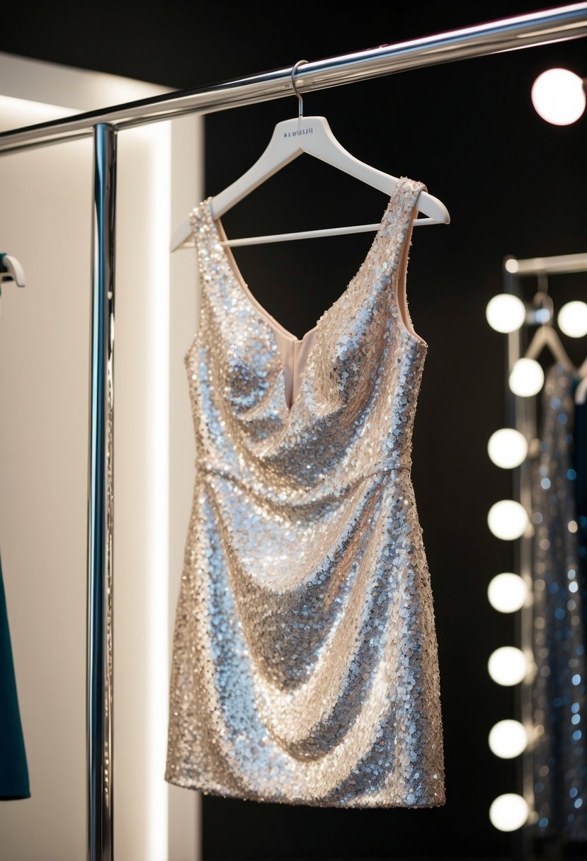 A sparkling sequin mini dress hanging on a sleek, modern clothing rack. The dress catches the light, shimmering in a luxurious and elegant manner