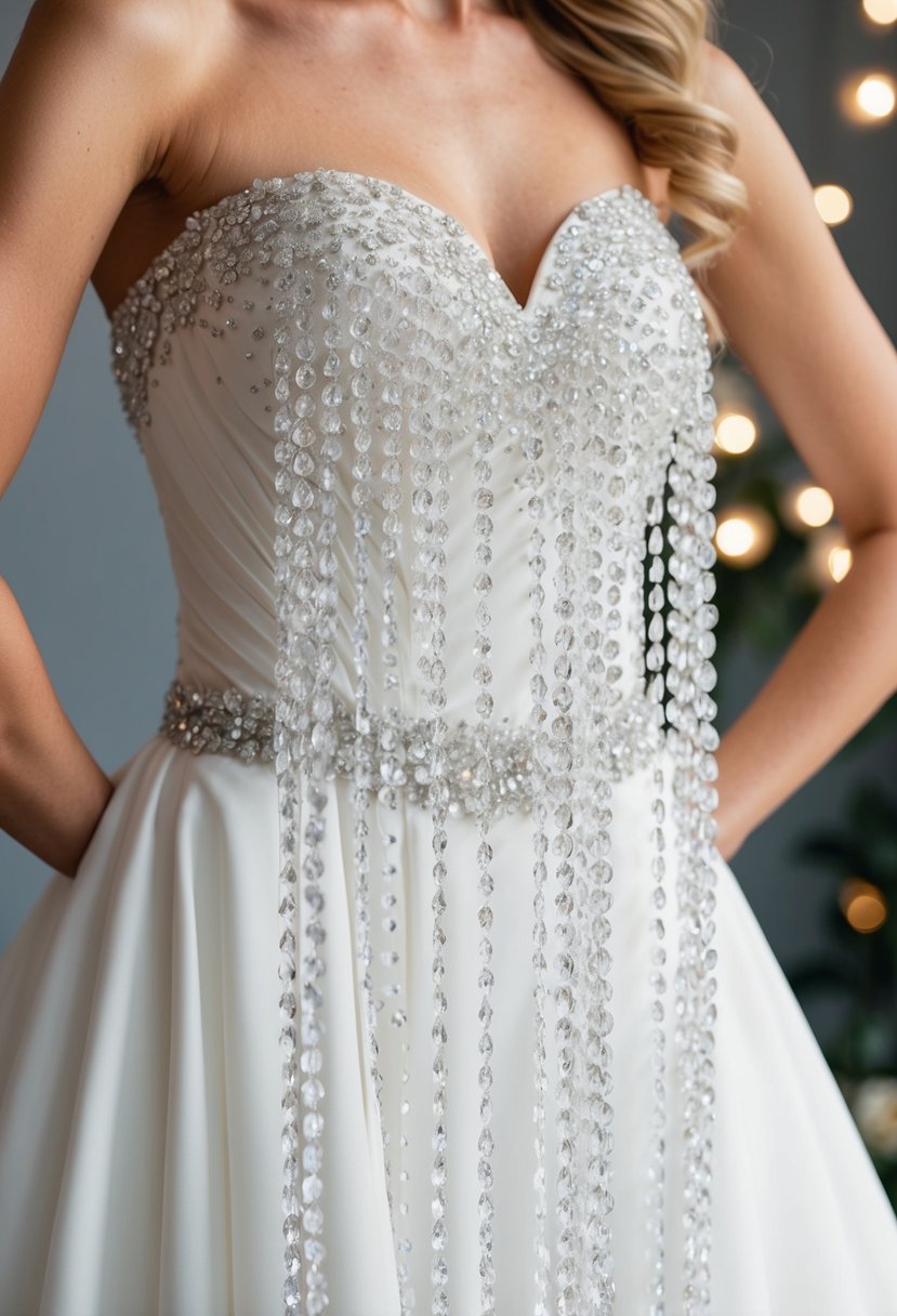 A sparkling crystal waterfall cascades down a strapless wedding dress, paired with glamorous earrings