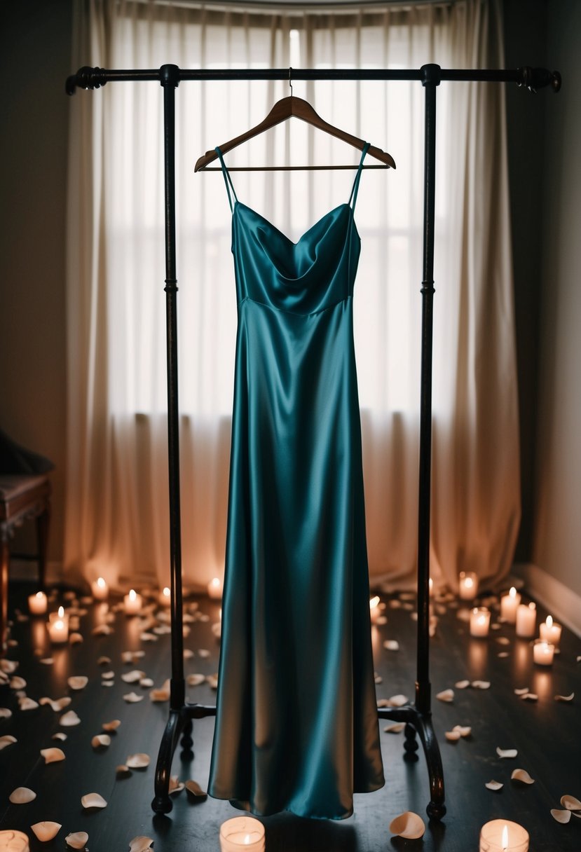 A flowy satin slip dress hangs on a vintage coat rack in a dimly lit room, surrounded by scattered rose petals and flickering candlelight