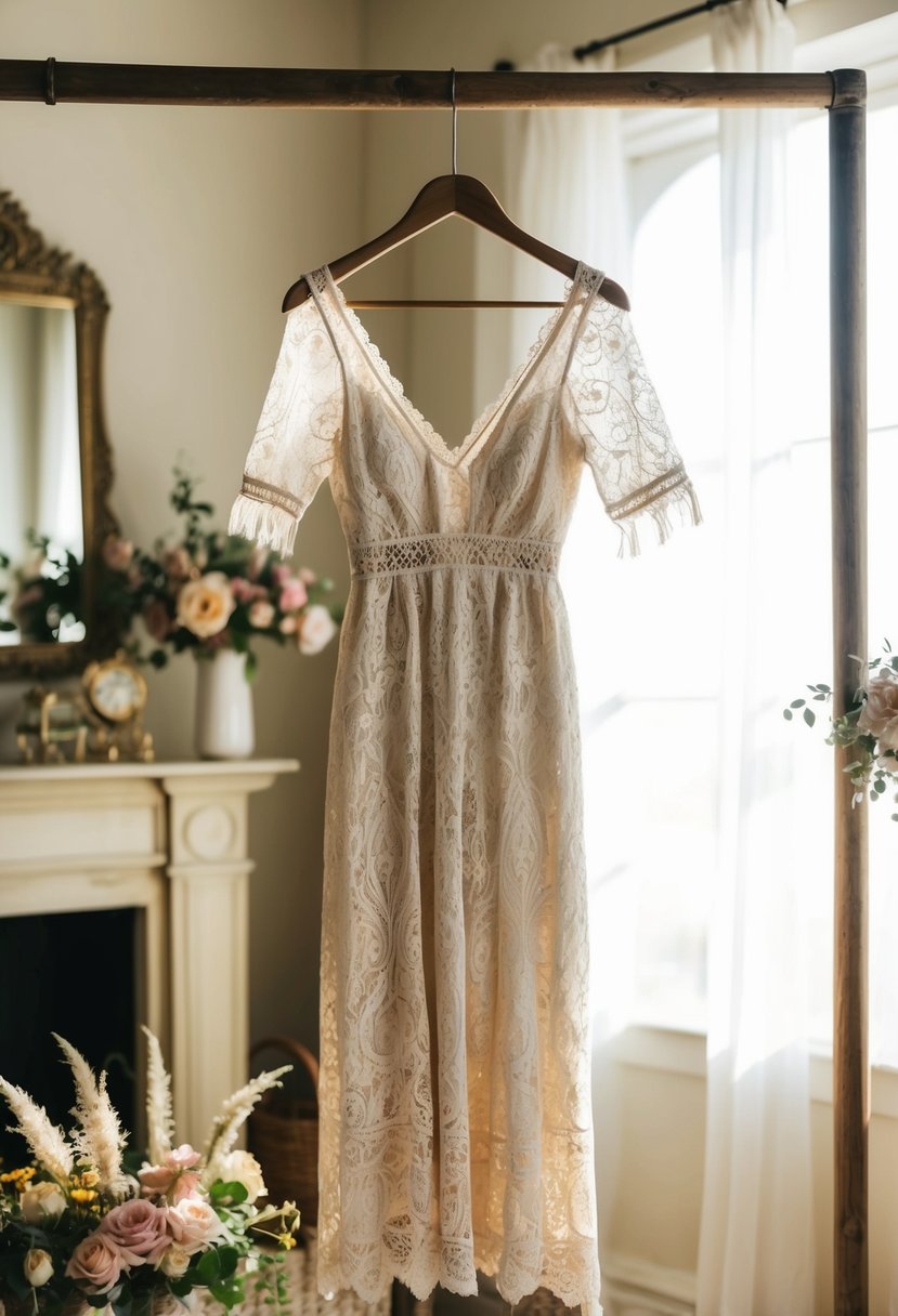 A bohemian lace midi dress hanging on a rustic wooden hanger in a sunlit room with vintage decor and floral accents