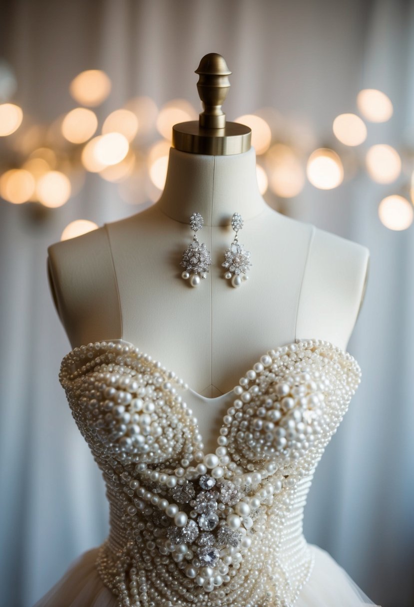 A strapless dress adorned with stunning pearl clusters, paired with elegant wedding earrings