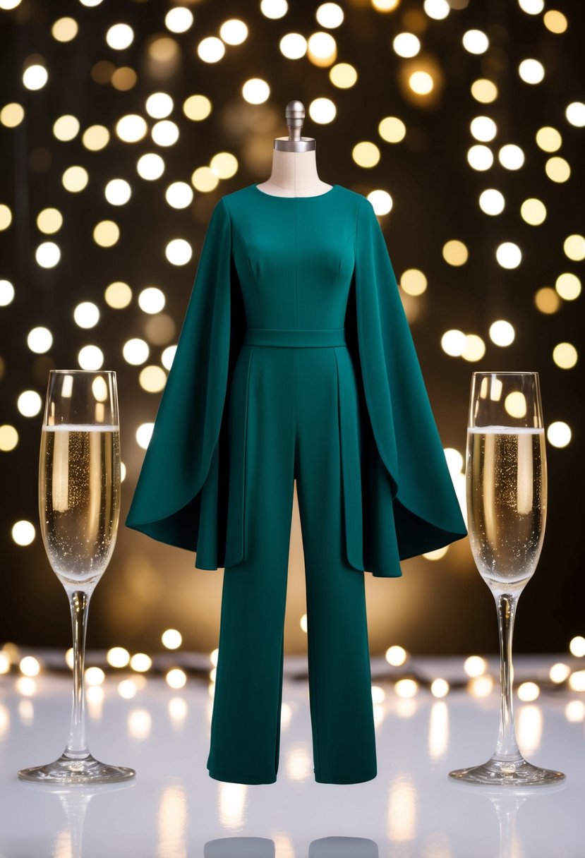 A modern jumpsuit with a flowing cape, set against a backdrop of twinkling lights and champagne glasses