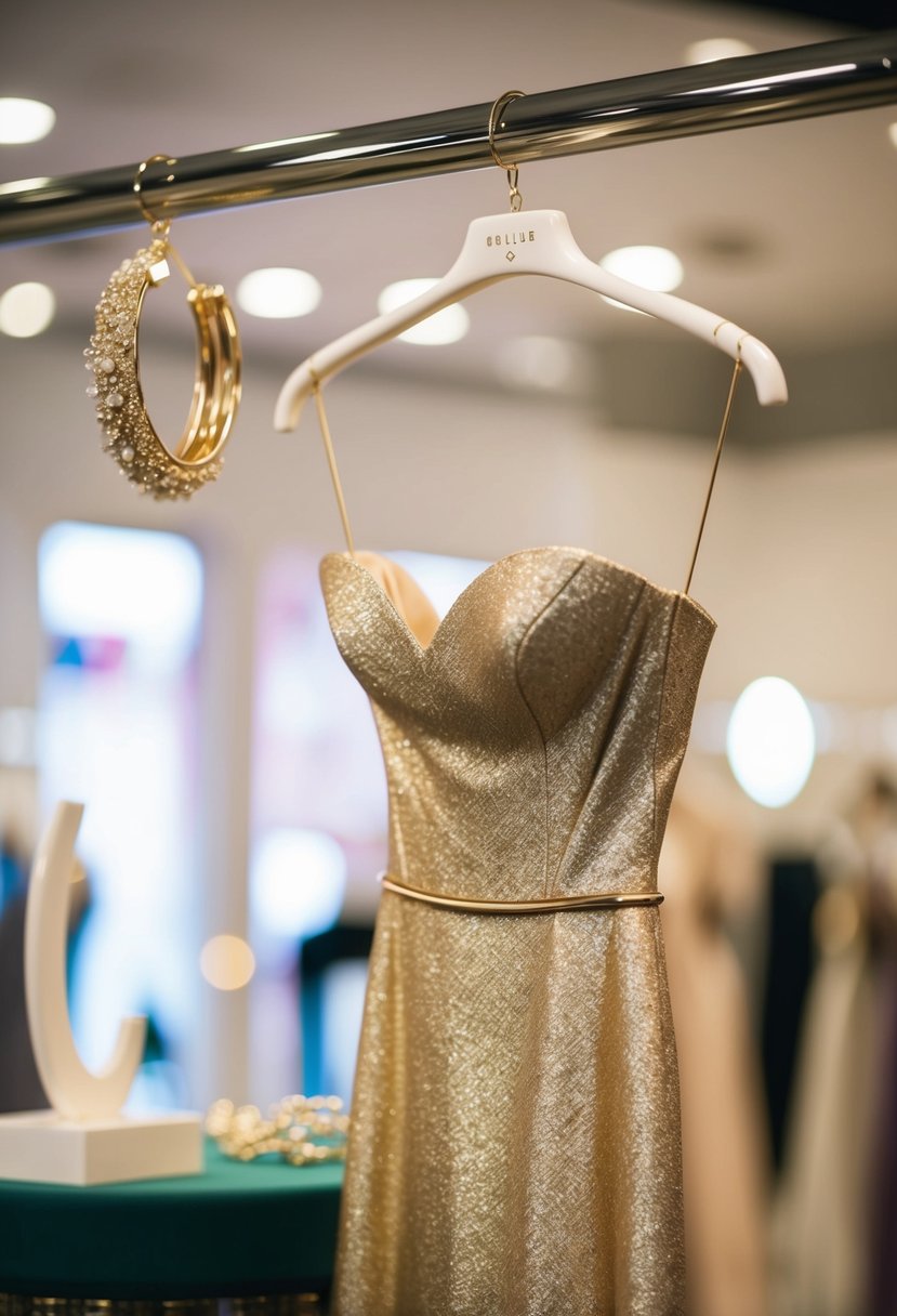 A sleek, strapless gold hoops dress hangs on a mannequin, paired with elegant wedding earrings on a display stand